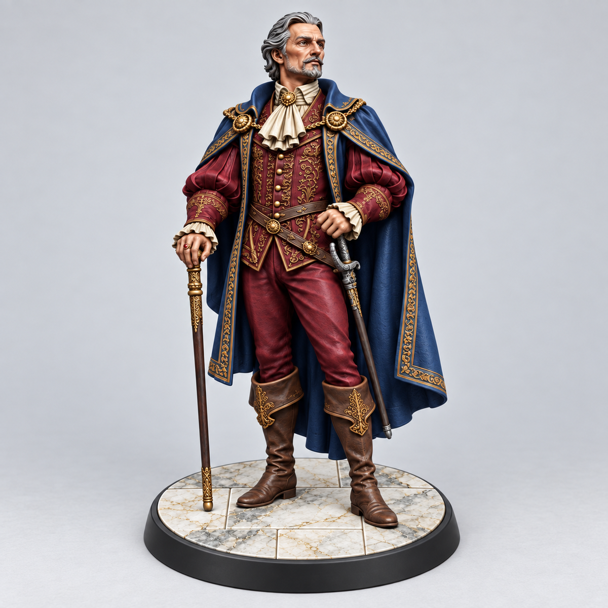 Cale male human noble NPC painted burgundy and midnight blue on a Marble presentation base; supplied unpainted.
