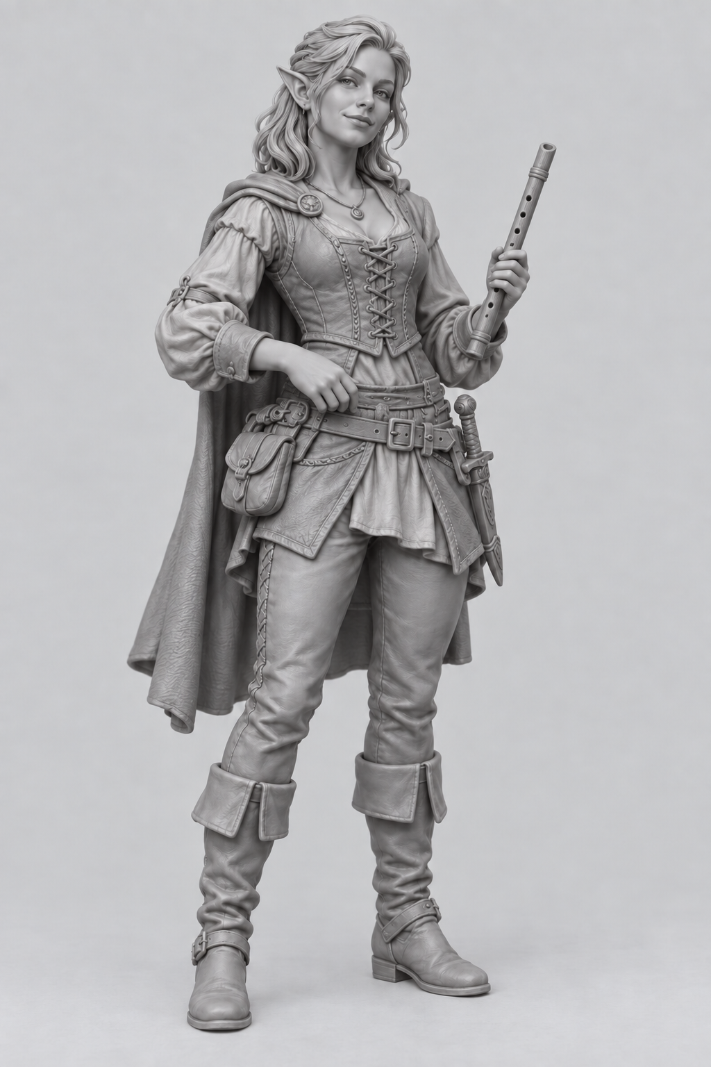 Original gray monotone reference of Cassia, female half elf bard with flute