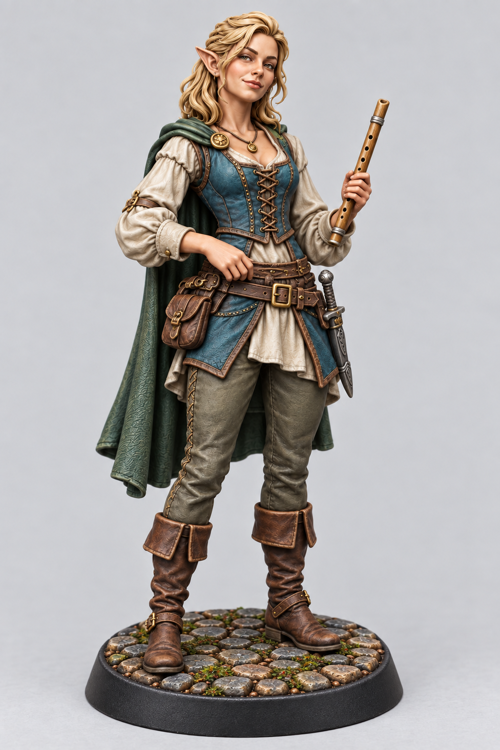 Painted Cassia female half elf bard on painted cobblestone base; supplied unpainted