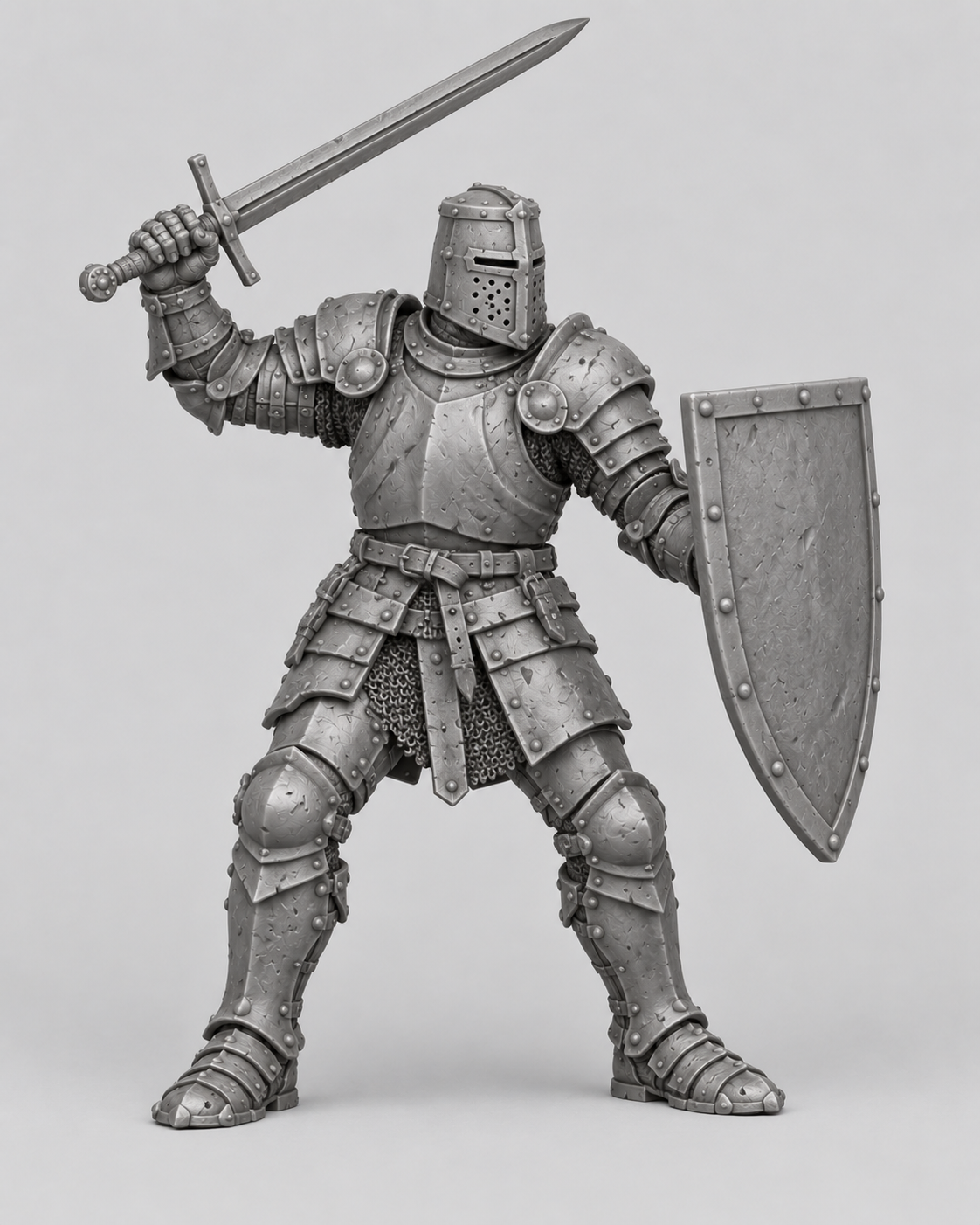 Approved gray reference of Corin, male human fighter with raised sword, plate armor and kite shield.