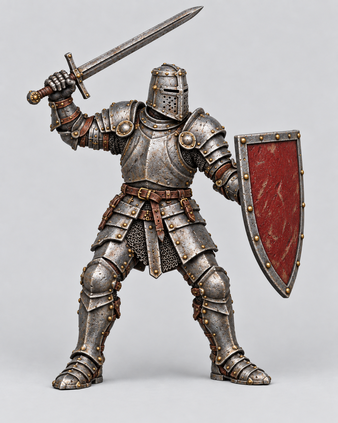 Painted Corin, male human fighter with raised steel sword and deep-red kite shield, shown without a base.