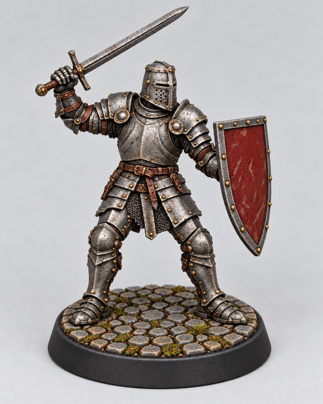 Painted Corin, male human fighter in weathered steel armor with a red kite shield, on a Cobblestone presentation base.