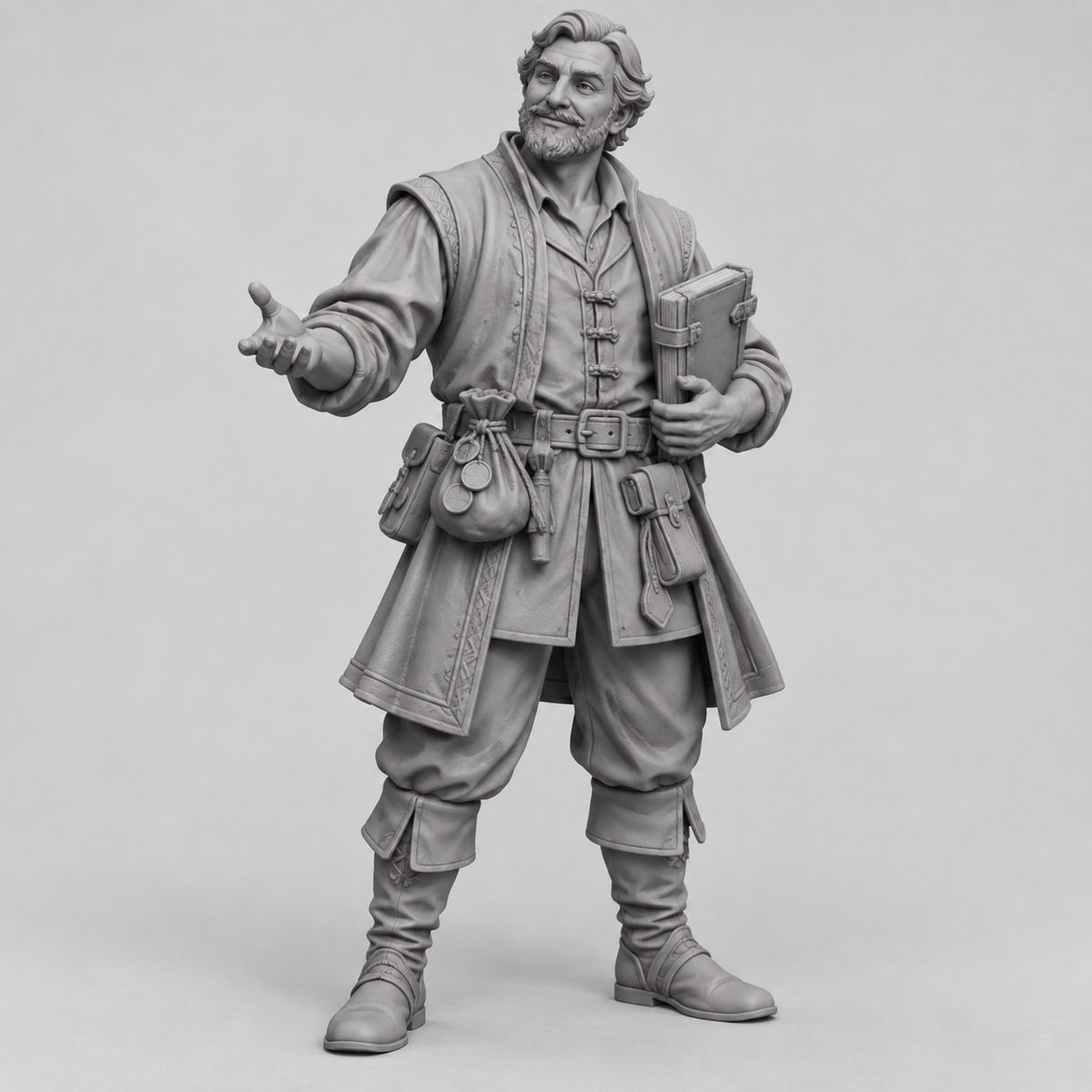 Original gray reference of Das, male human merchant NPC holding a ledger with an open bargaining hand.