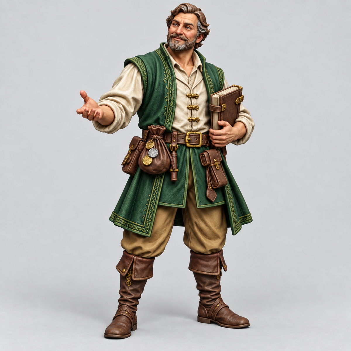 Painted Das male human merchant NPC without a base, with forest-green vest, ivory shirt and brown leather ledger; painting inspiration.
