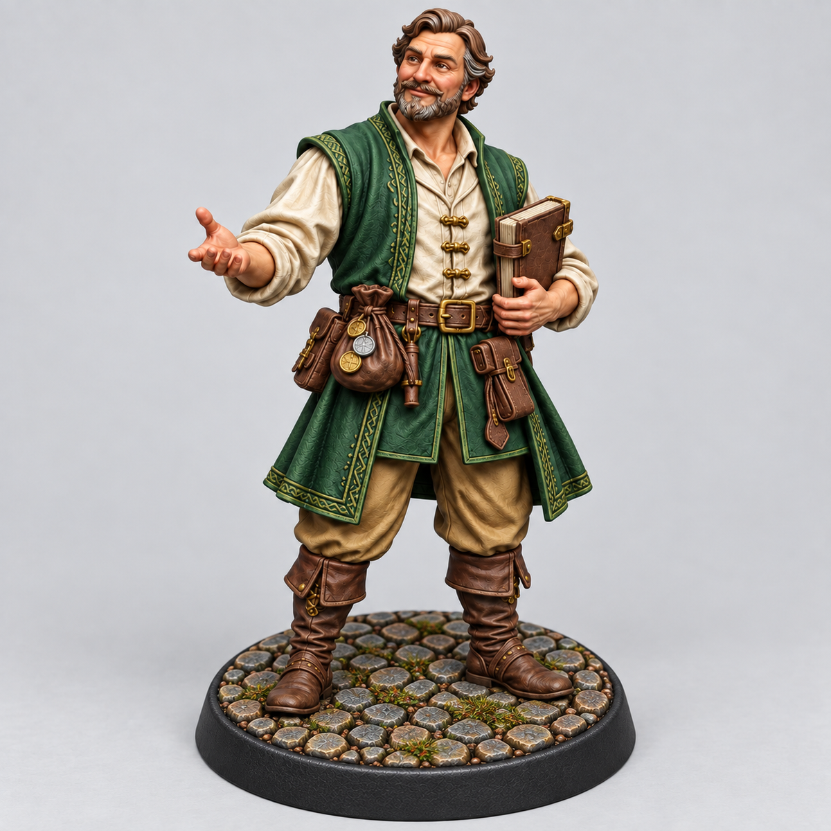 Das male human merchant NPC painted forest green and ivory on a Cobblestone presentation base; supplied unpainted.