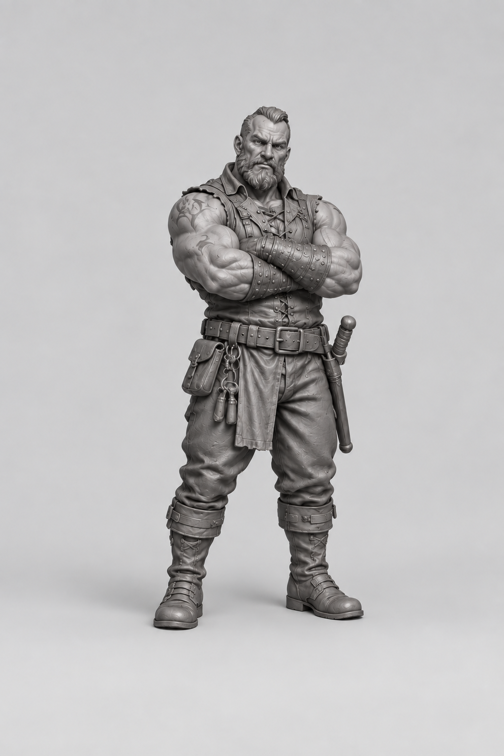 Dirk, male Human bouncer with crossed arms, unchanged approved gray miniature reference.