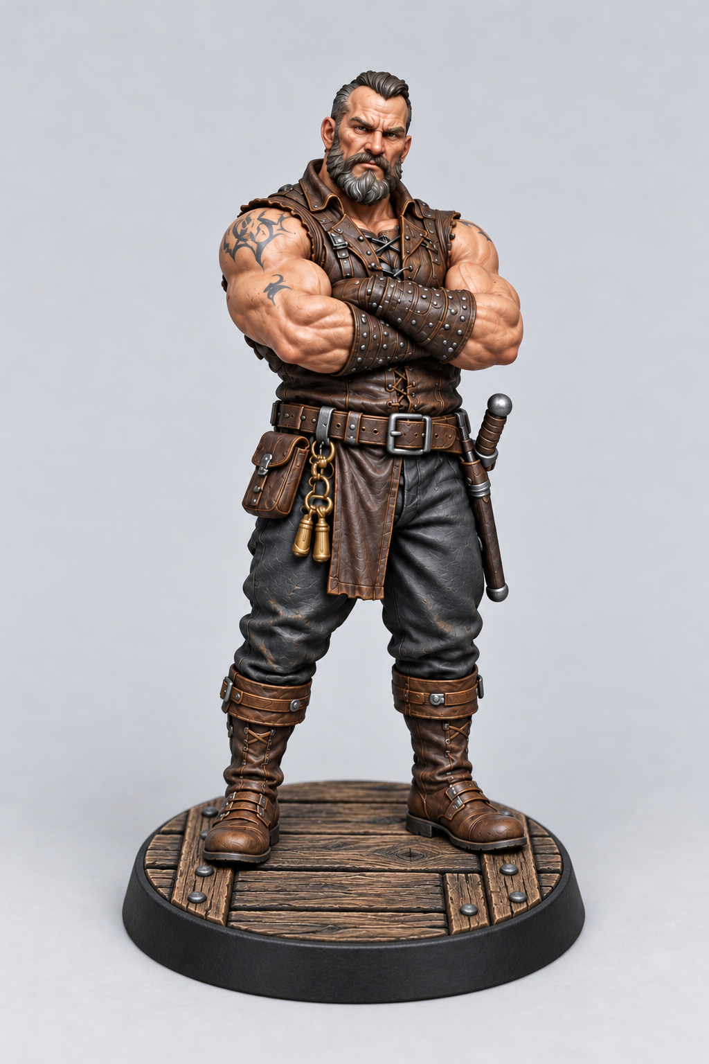 Dirk, male Human bouncer with crossed arms, painted on a Wood Plank base; painting example.