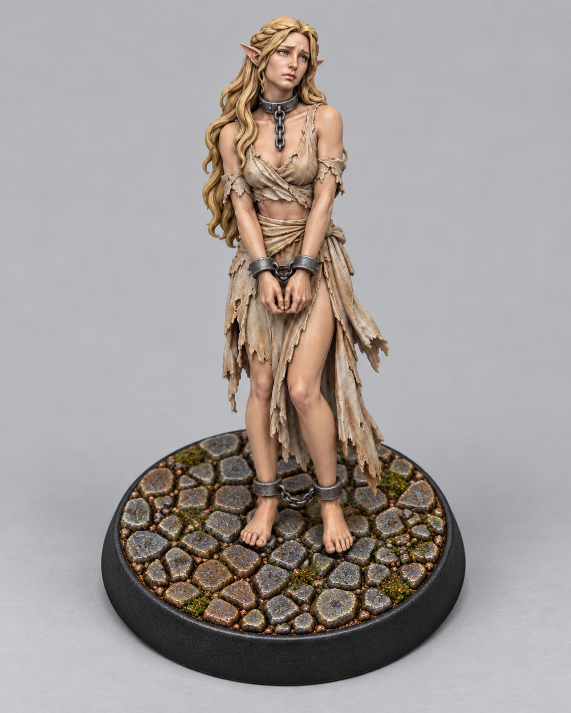 Painted elven captive miniature in chains on themed base, front view