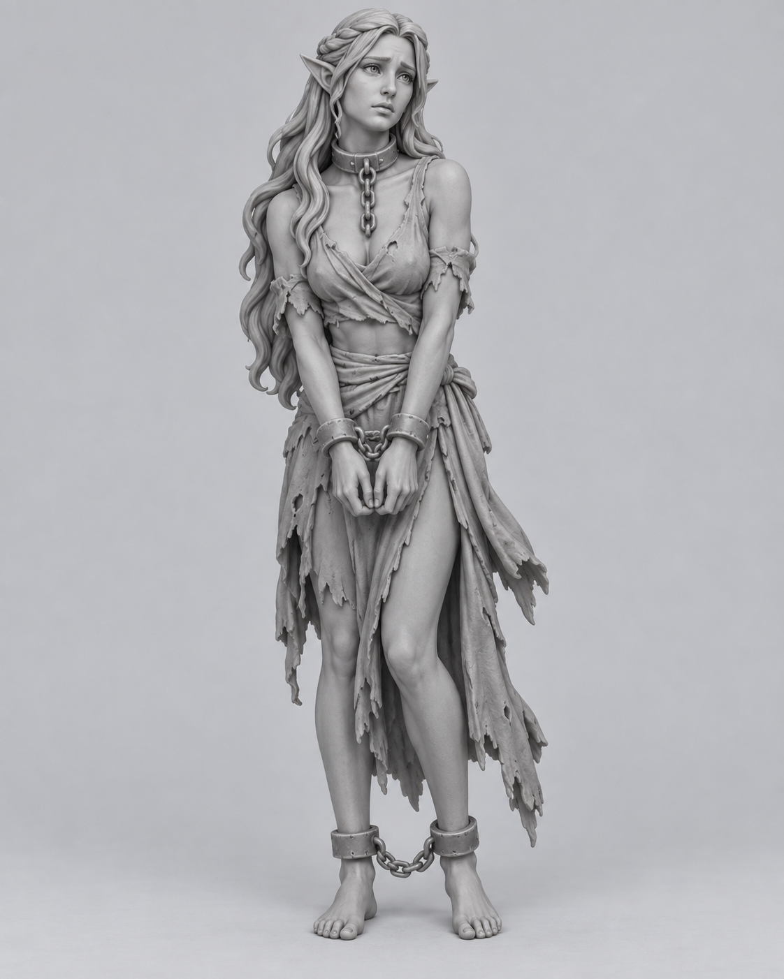 Unpainted elven captive miniature in chains, front view