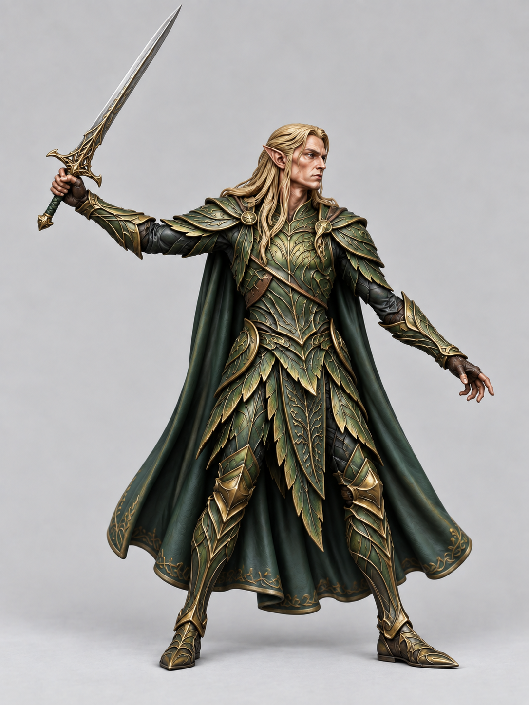 Painted elven knight miniature with sword, front view
