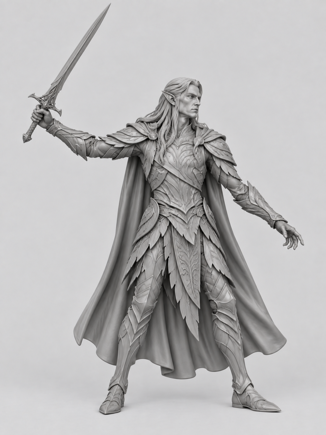 Unpainted elven knight miniature with sword, front view
