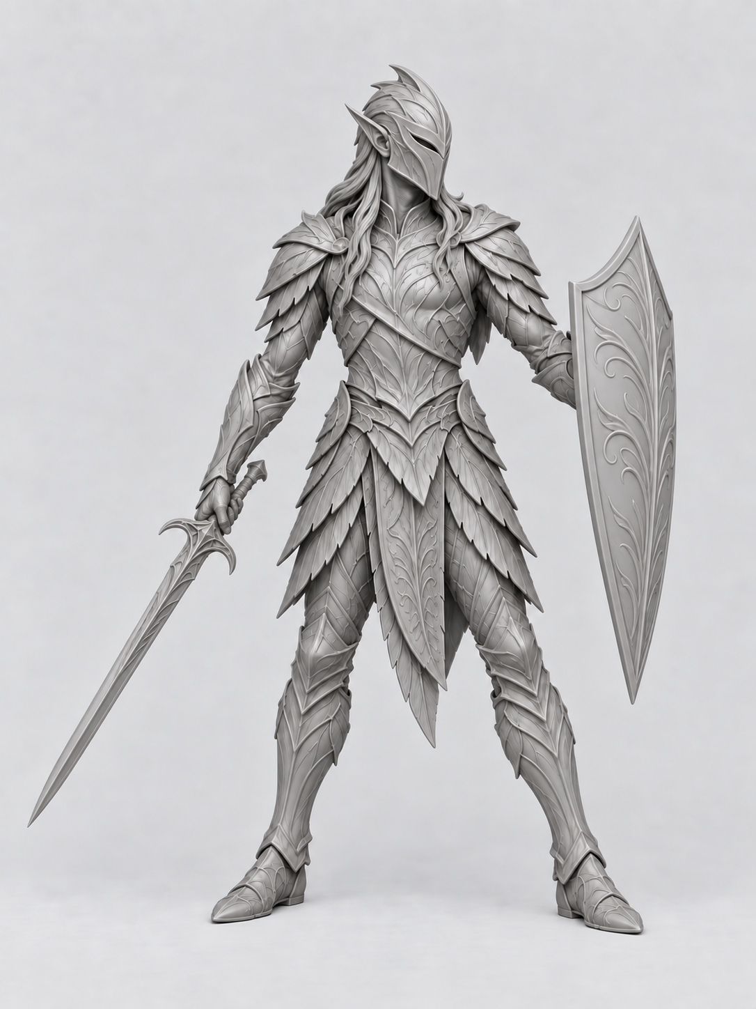 Unpainted elven knight miniature with sword and shield, front view