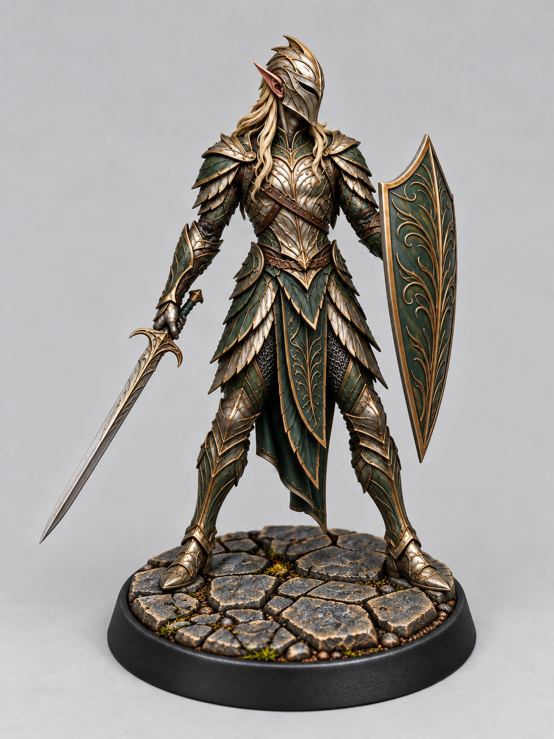 Painted elven knight miniature with sword and shield on themed base, front view