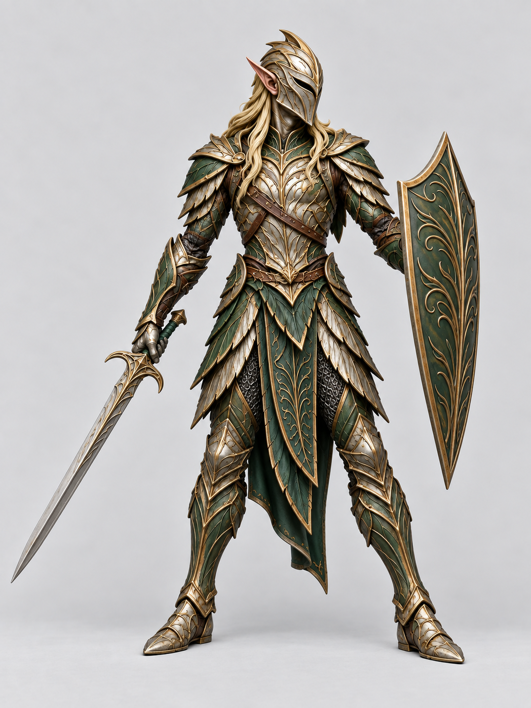 Painted elven knight miniature with sword and shield, front view