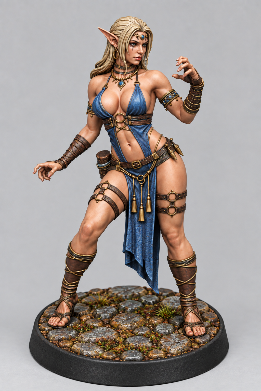 Painted elven companion miniature on themed base, front view