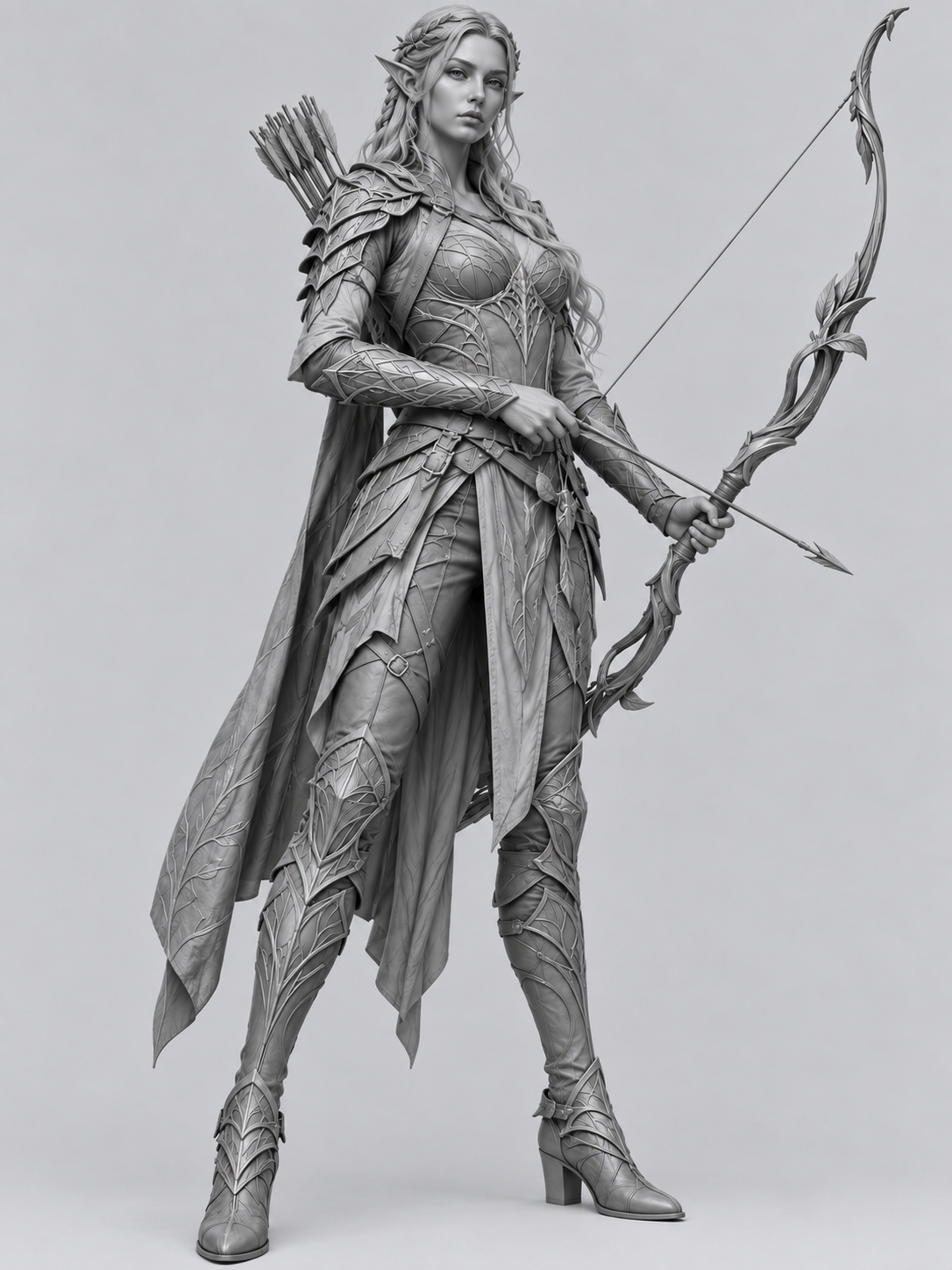 Unpainted elven archer miniature with bow, front view