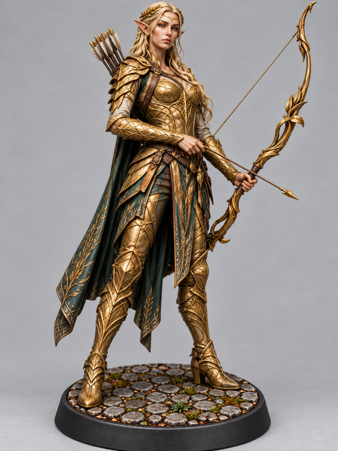 Painted elven archer miniature with bow on themed base, front view