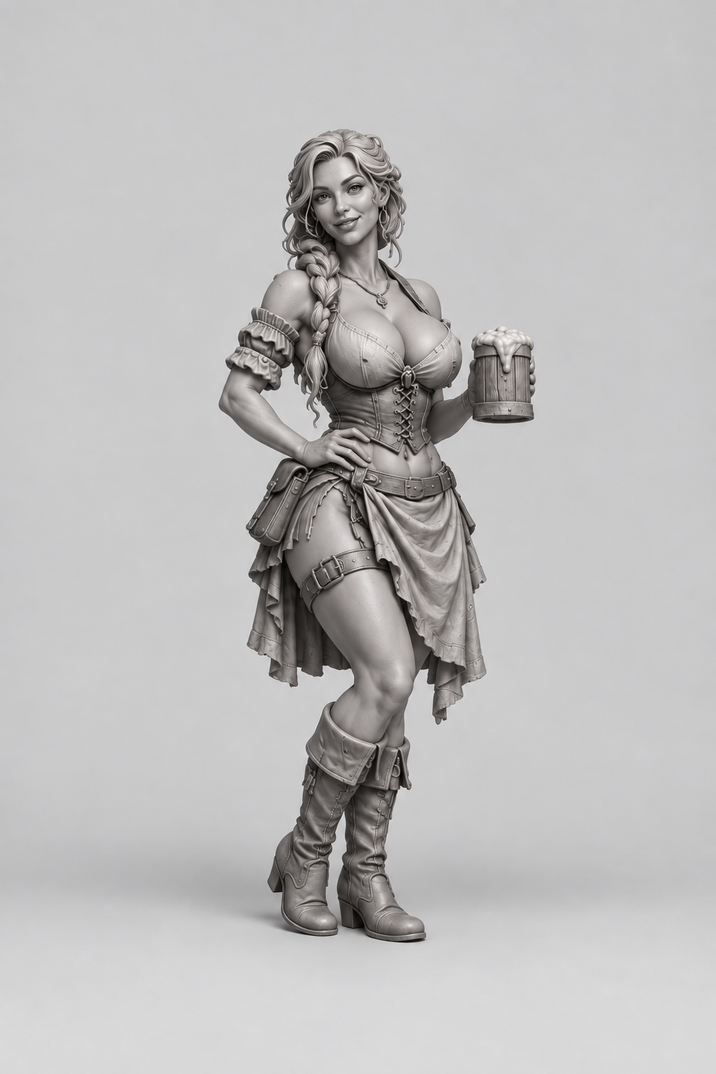 Emma, female Human barmaid with braid and tankard, unchanged approved gray miniature reference.