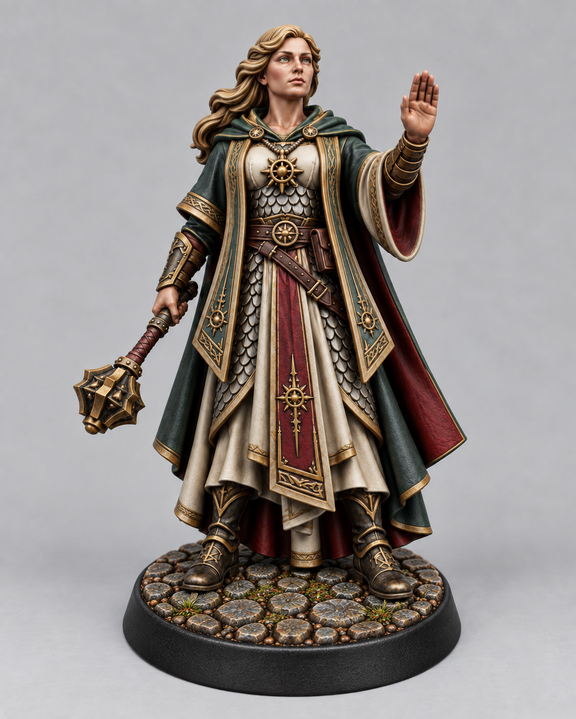 Painted aasimar cleric miniature on themed base, front view