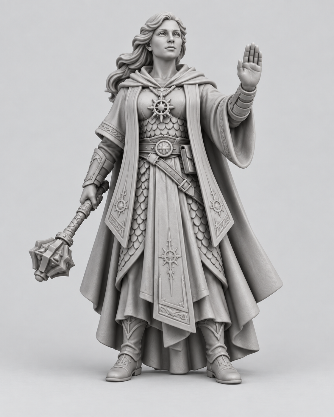Unpainted aasimar cleric miniature, front view