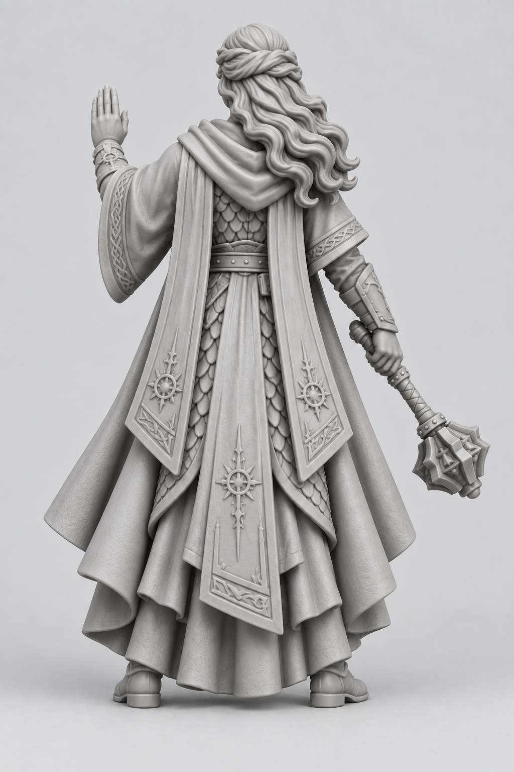 Unpainted aasimar cleric miniature, rear view