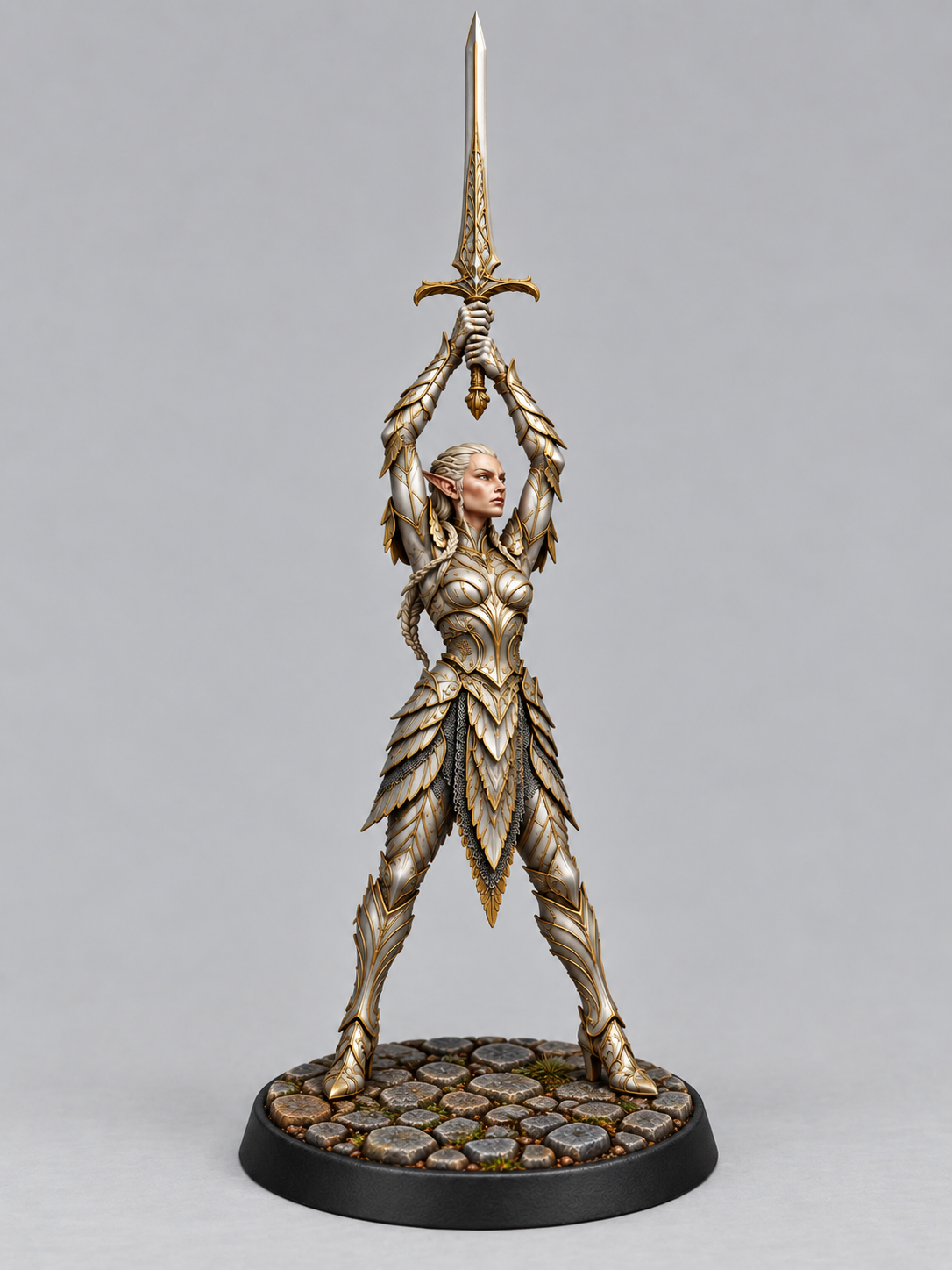 Painted elven knight miniature with two-handed sword on themed base, front view