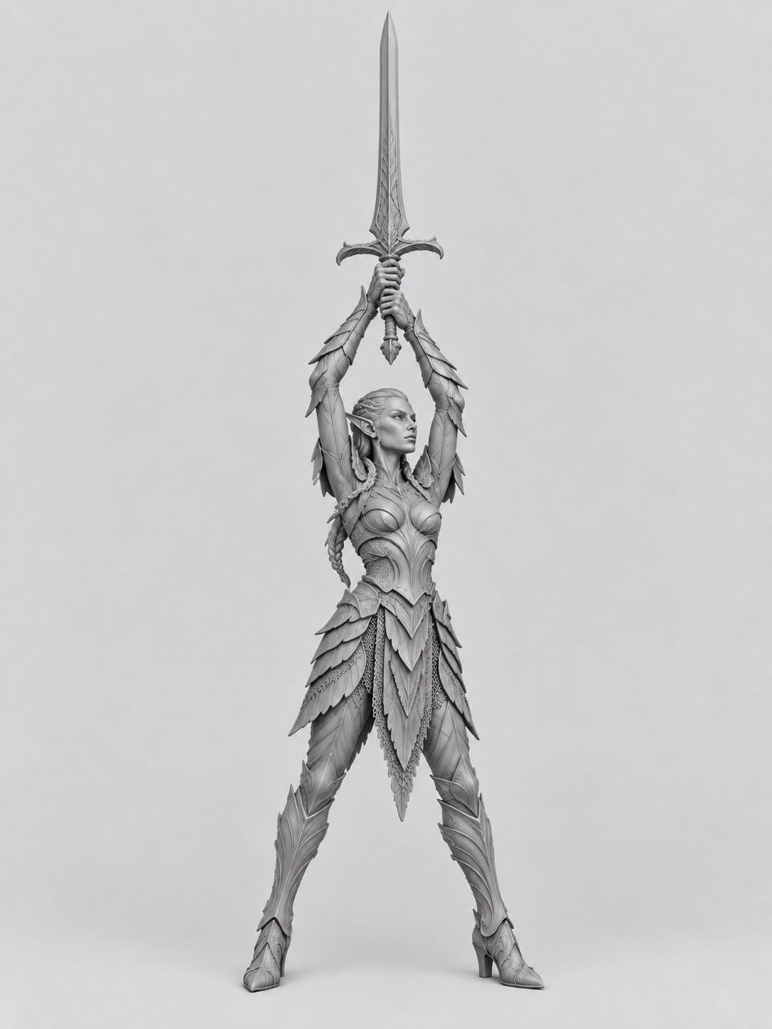 Unpainted elven knight miniature with two-handed sword, front view