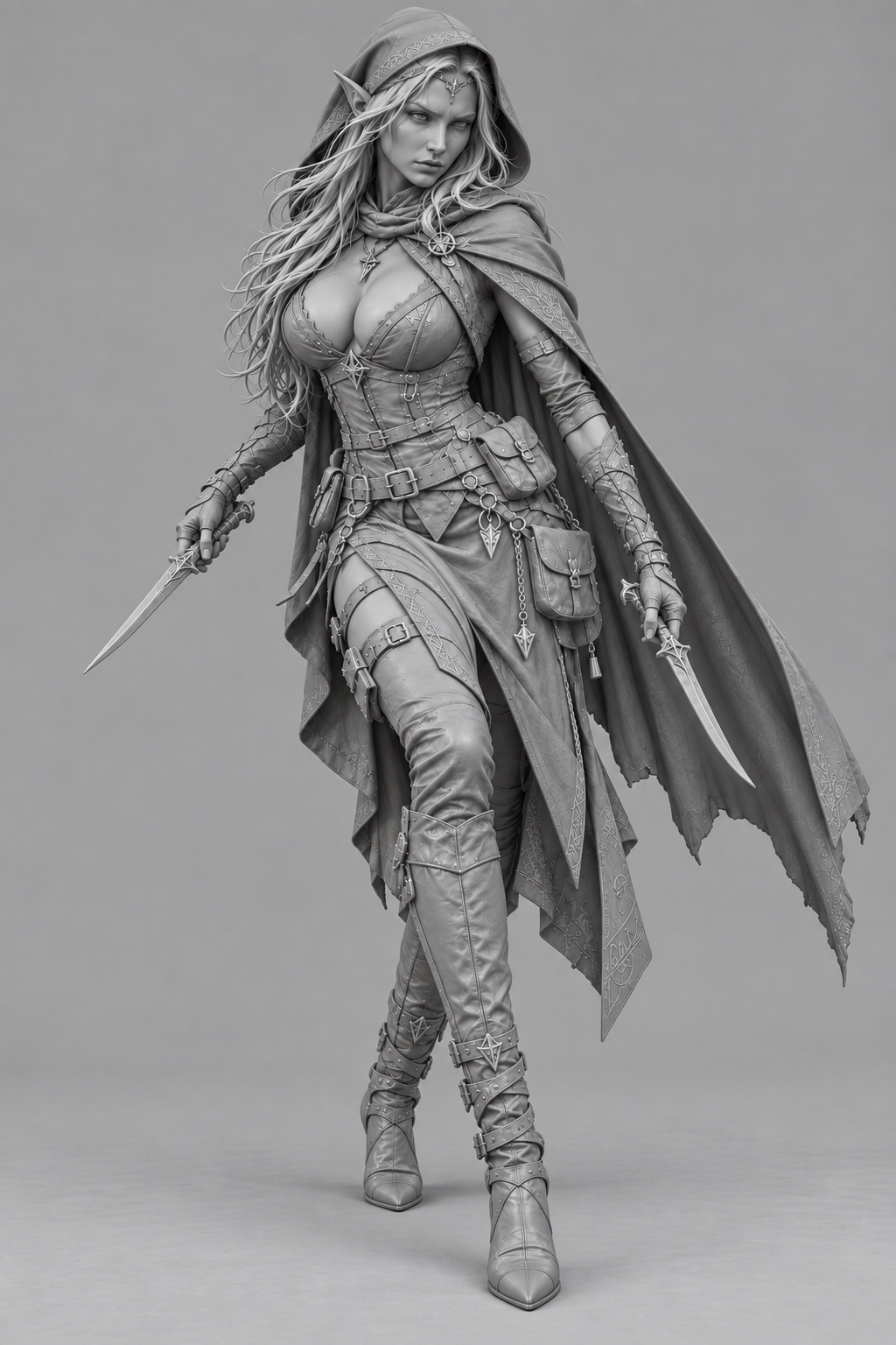 Unpainted elven rogue miniature with twin daggers, front view