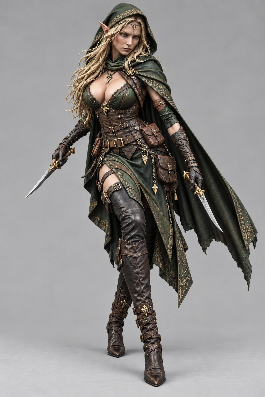 Painted elven rogue miniature with twin daggers, front view
