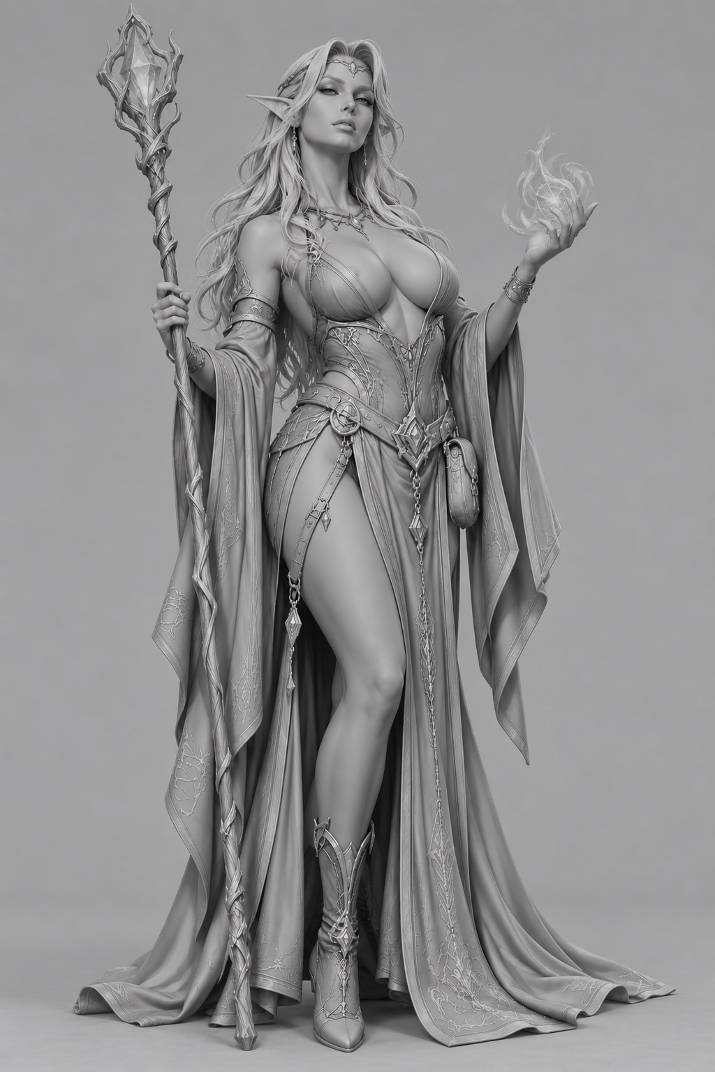 Unpainted elven sorceress miniature with arcane staff, front view