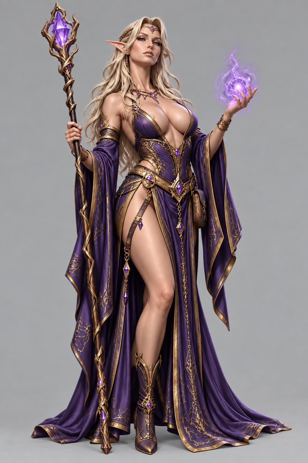Painted elven sorceress miniature with arcane staff, front view
