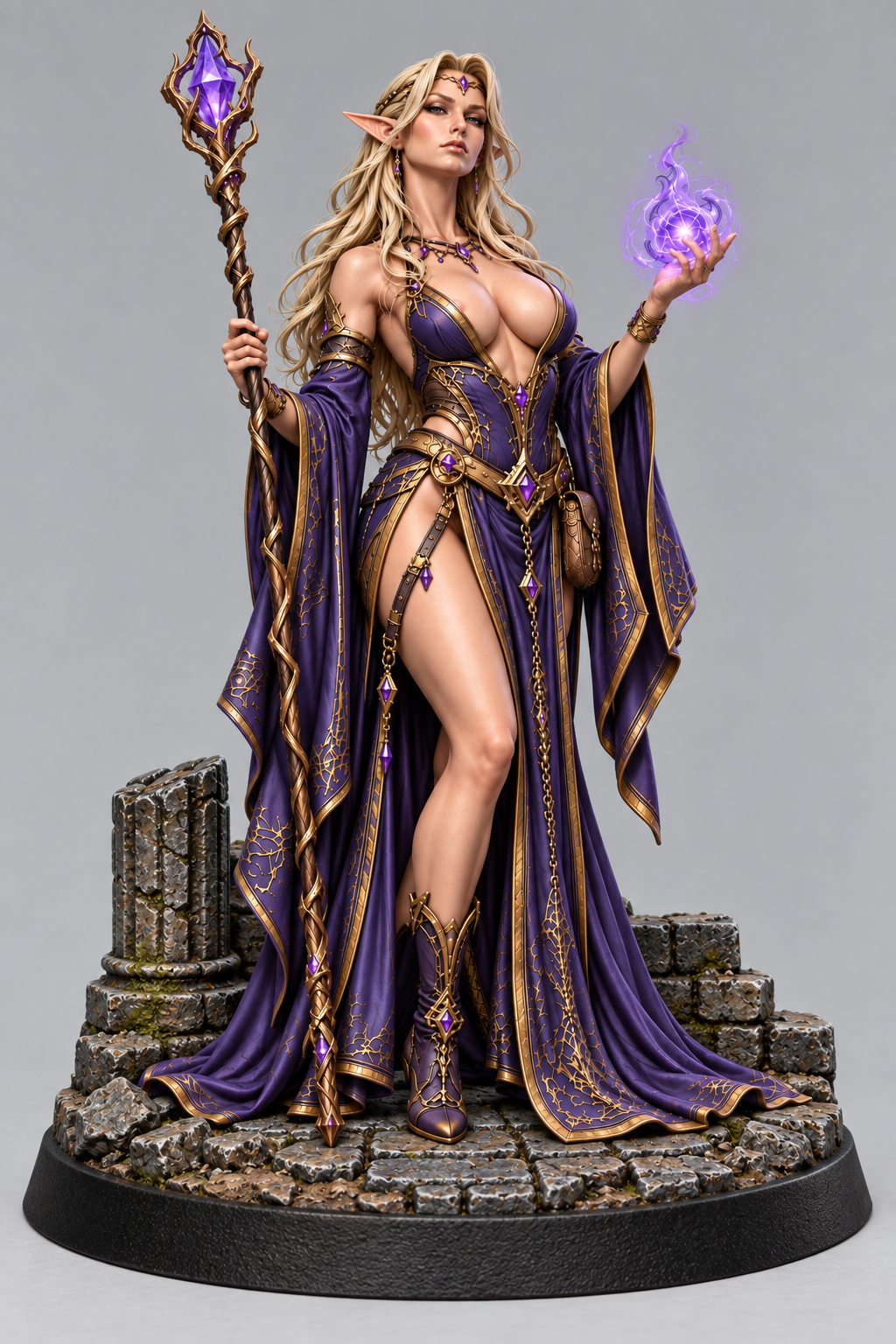 Painted elven sorceress miniature with arcane staff on themed base, front view