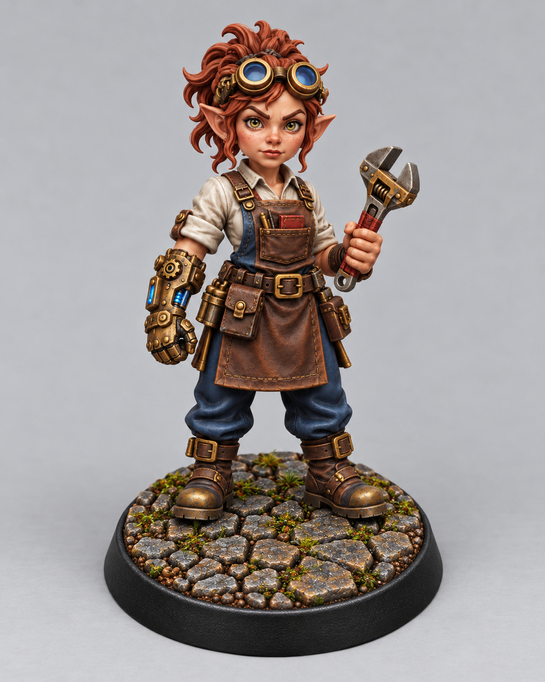 Painted gnome artificer miniature on themed base, front view