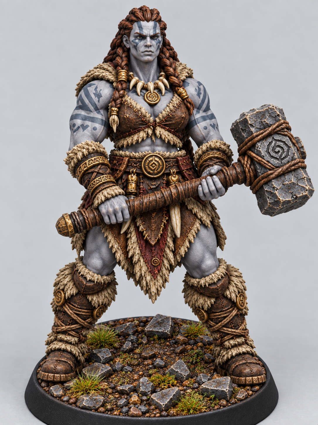 Painted goliath barbarian miniature on themed base, front view