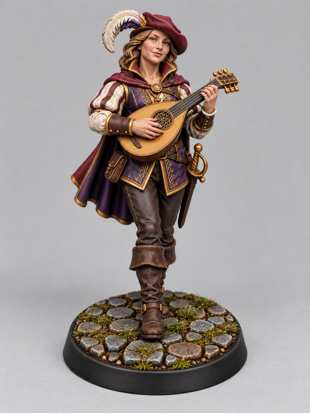 Painted human bard miniature on themed base, front view