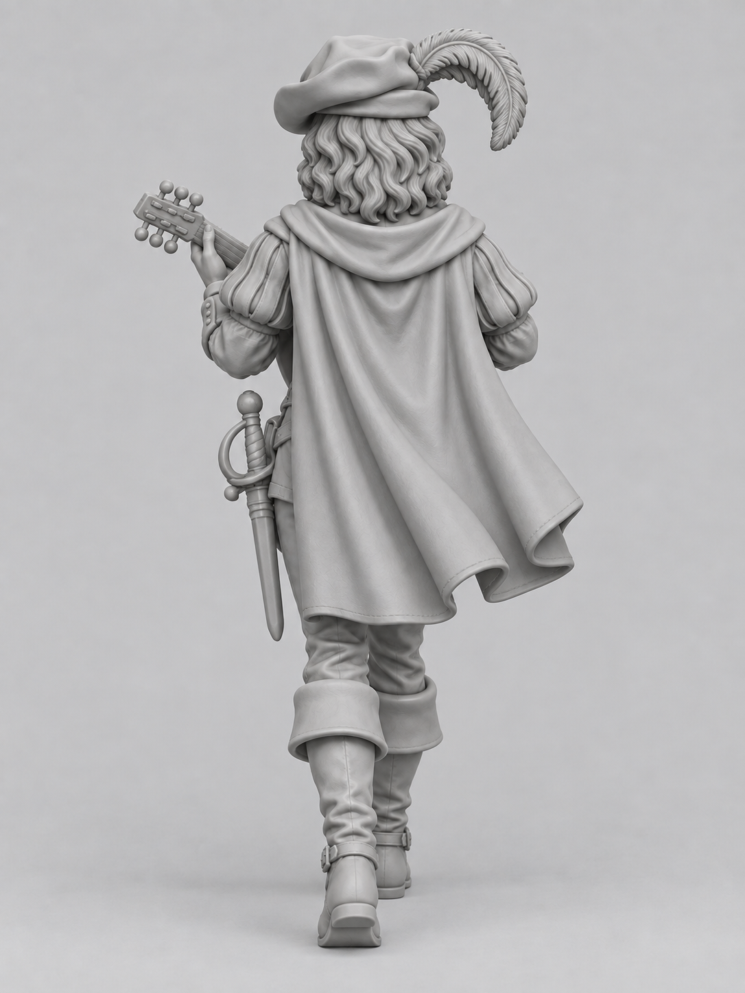 Unpainted human bard miniature, rear view