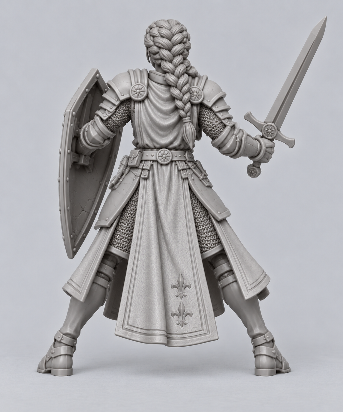 Unpainted human paladin miniature in alternate pose, rear view
