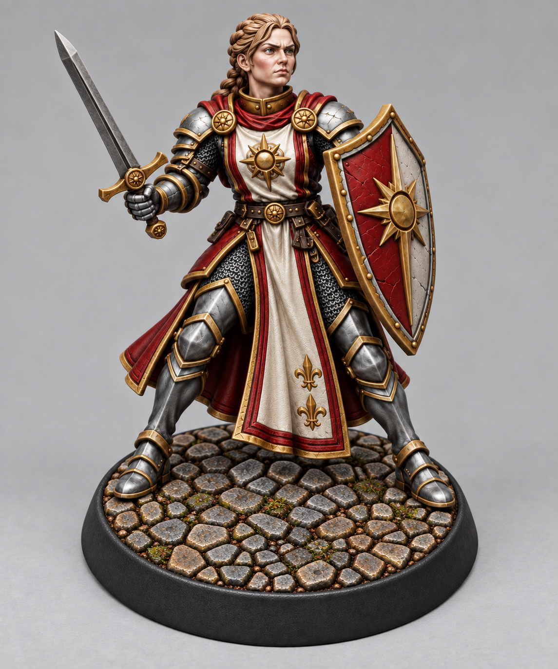 Painted human paladin miniature in alternate pose on themed base, front view