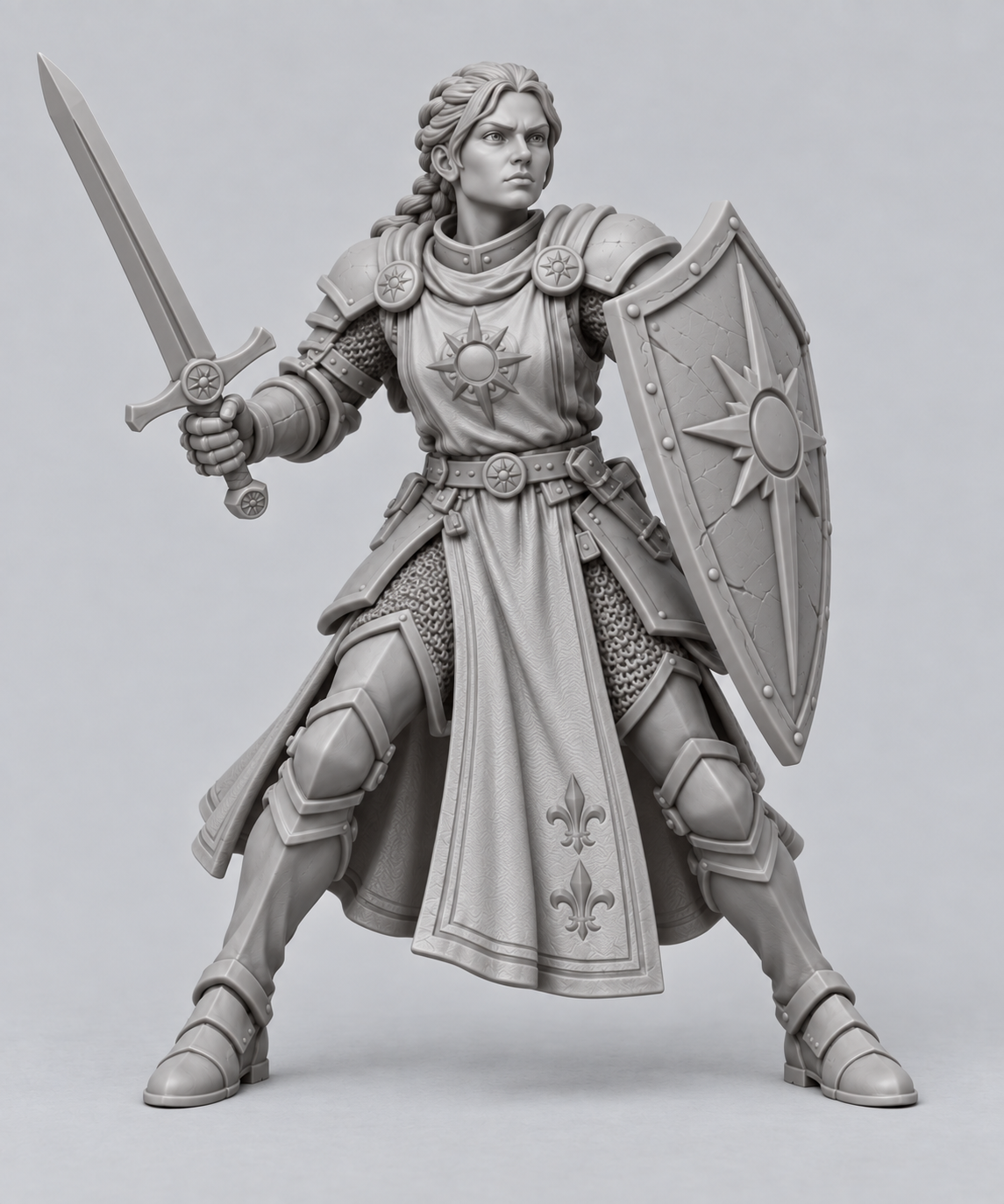 Unpainted human paladin miniature in alternate pose, front view