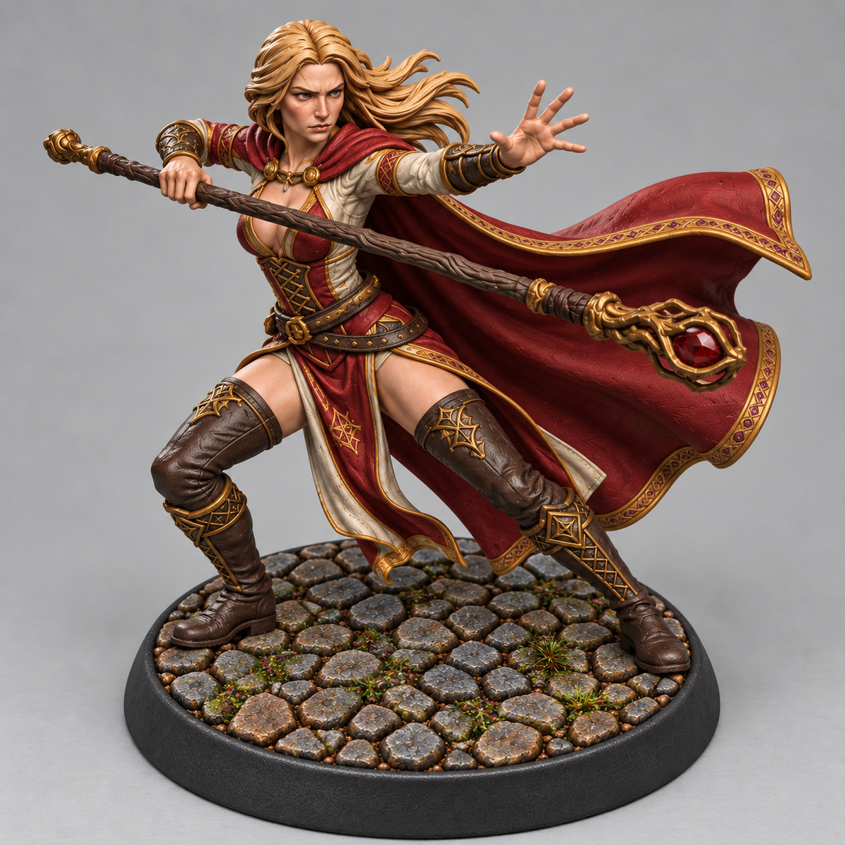 Painted human wizard miniature on themed base, front view
