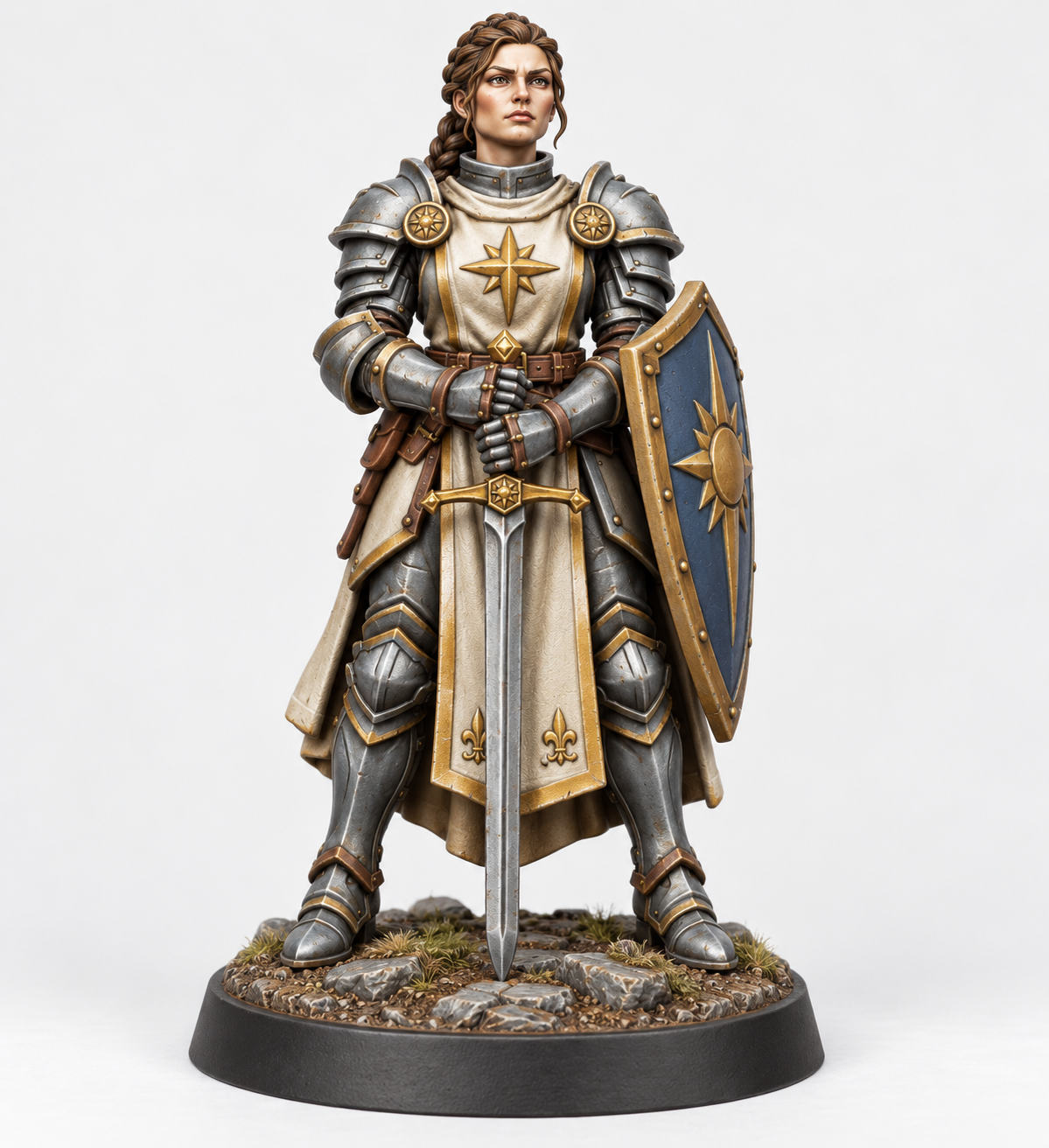 Painted human paladin miniature on themed base, front view