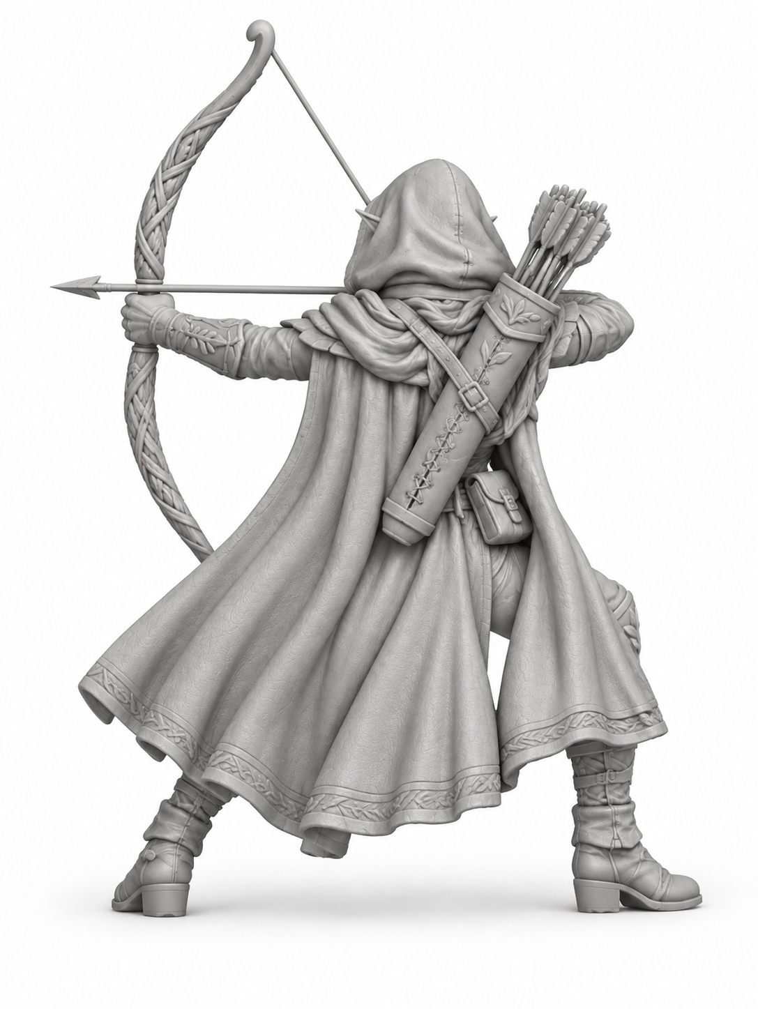 Unpainted wood elf ranger miniature in crouched pose, rear view