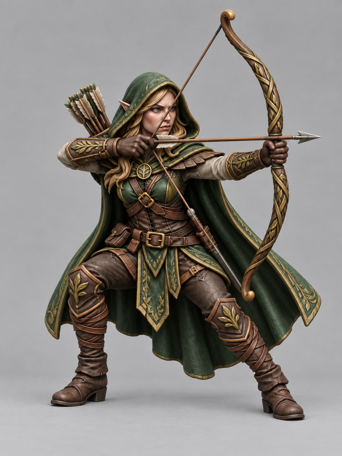 Painted wood elf ranger miniature in crouched pose, front view