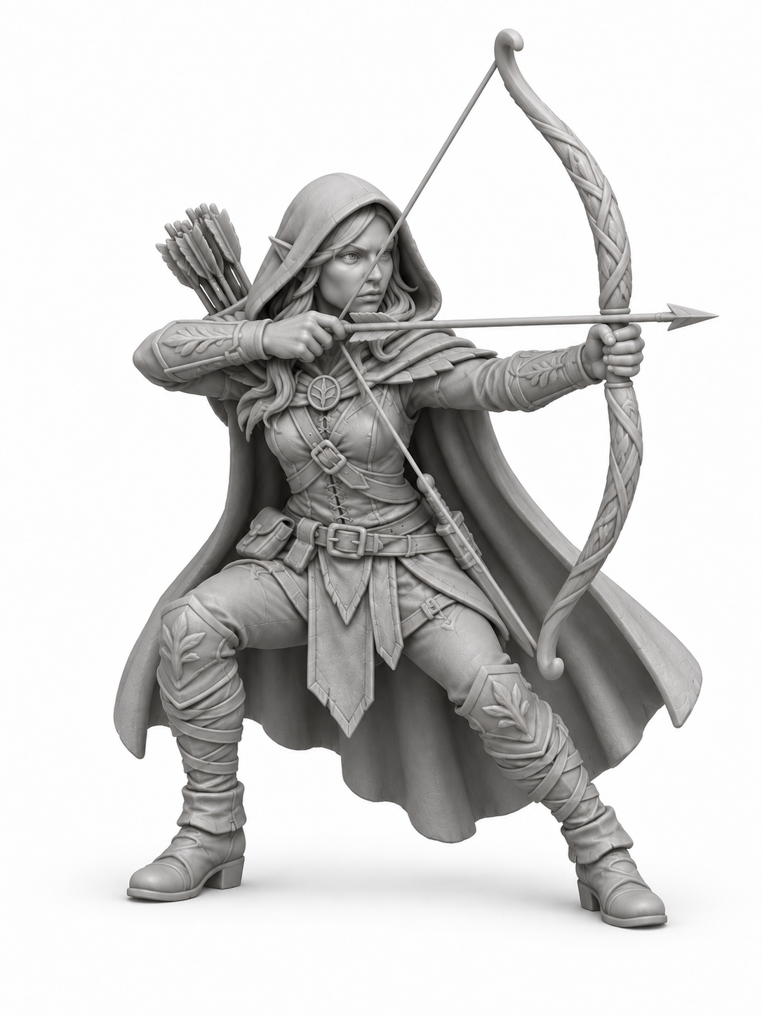 Unpainted wood elf ranger miniature in crouched pose, front view