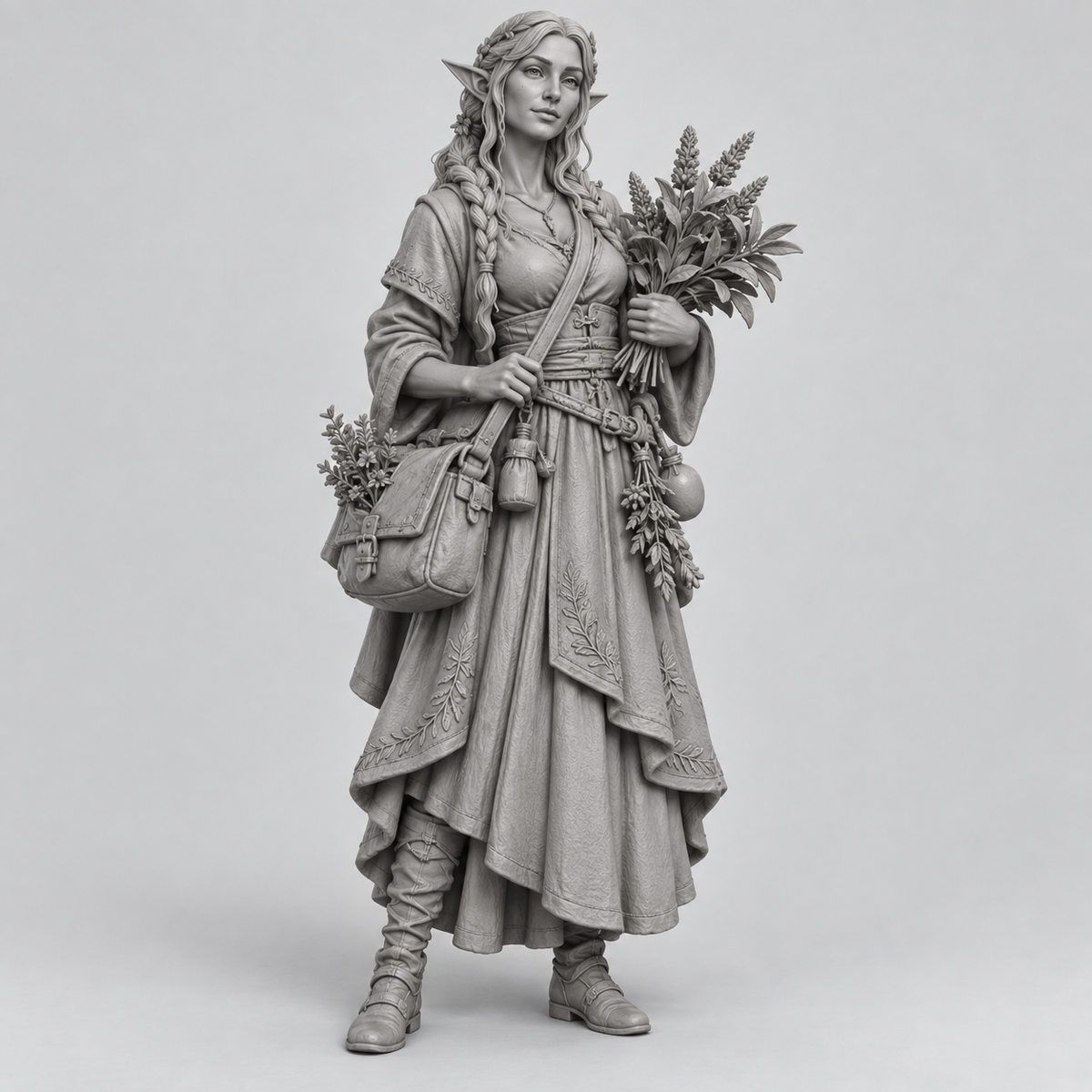 Female elven herbalist with herbs and satchel, unchanged approved gray reference.