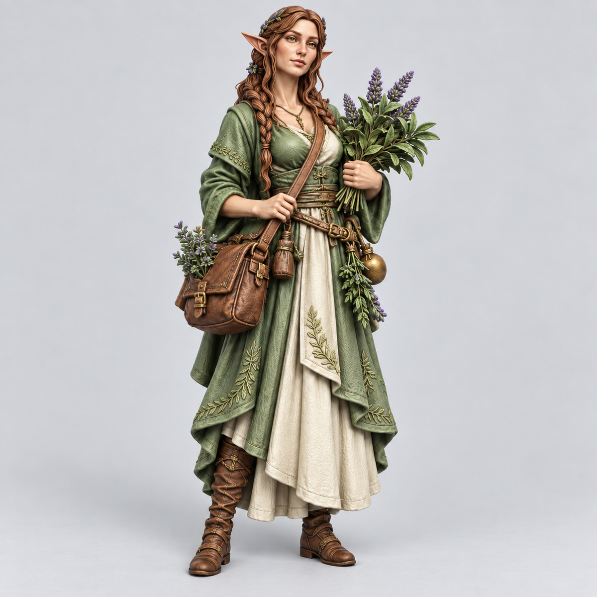 Female elven herbalist in sage green and ivory with brown leather, painted without a base; painting example.