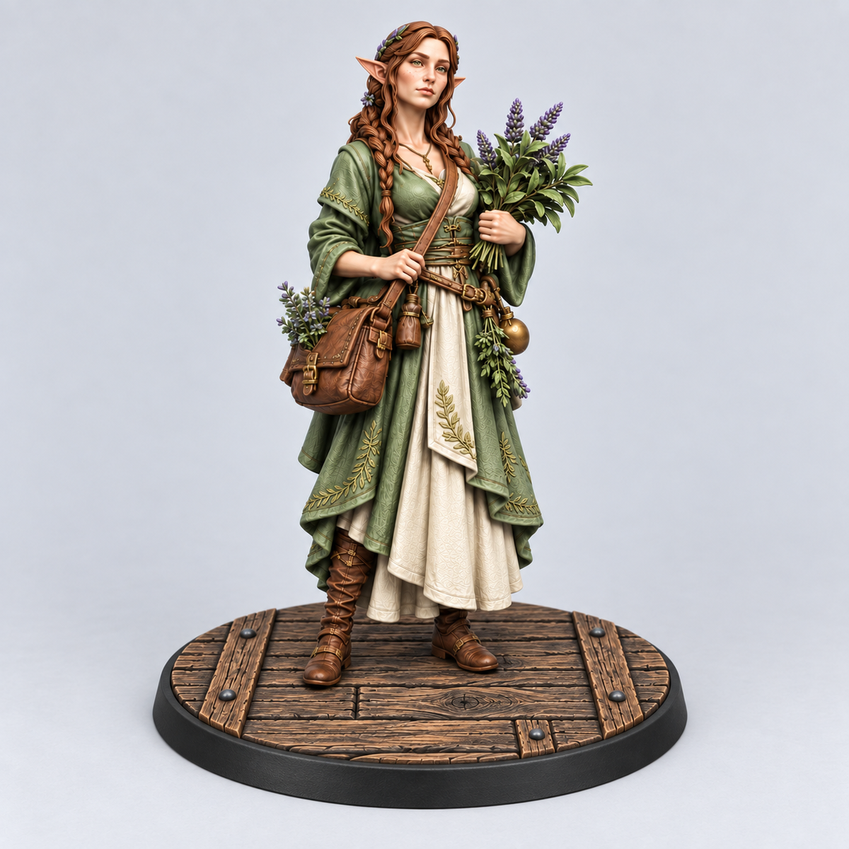 Female elven herbalist in sage-green robes on a Wood Plank base; painting example.