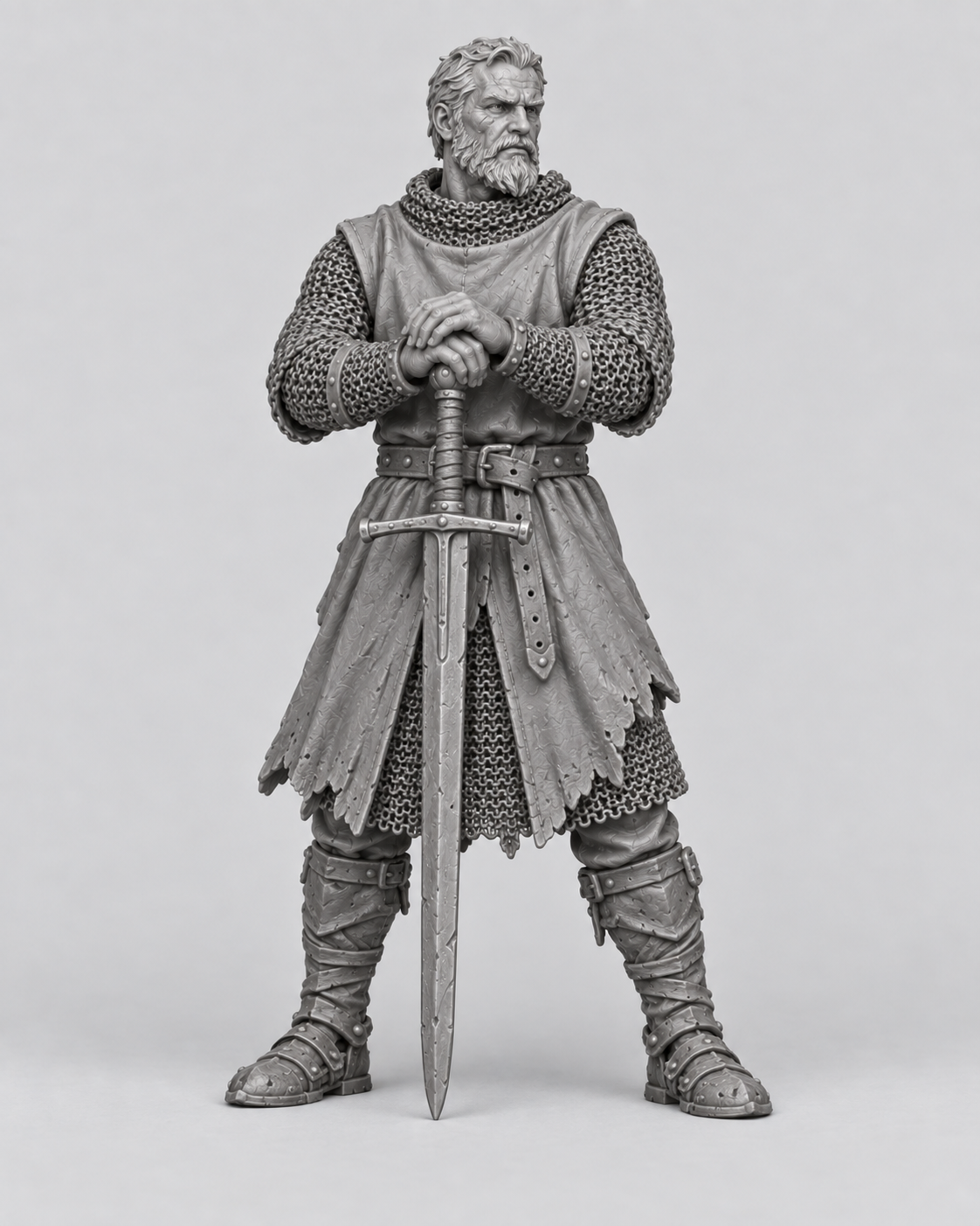 Approved gray reference of Finn, male human fighter with chainmail and both hands resting on his sword.