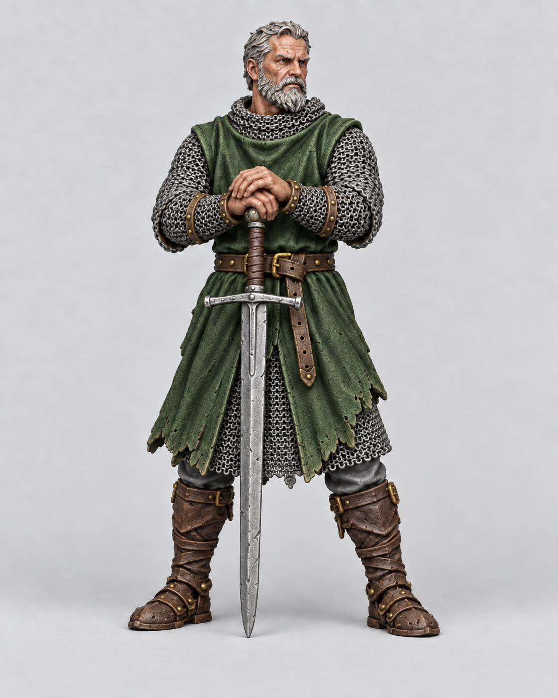 Painted Finn, male human fighter with salt-and-pepper beard and hands resting on his sword, without a base.