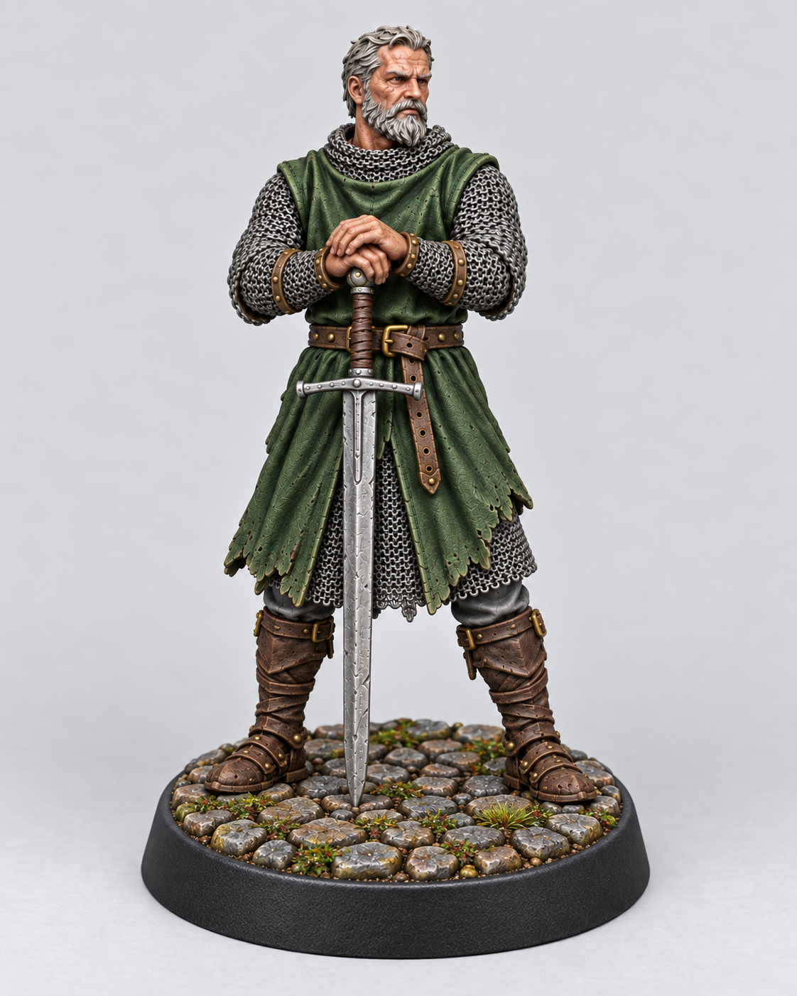 Painted Finn, male human fighter in a forest-green tunic and steel chainmail, on a Cobblestone presentation base.